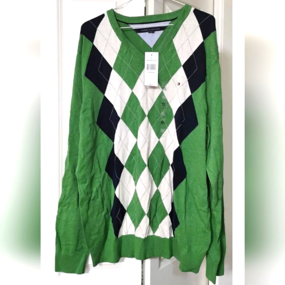 Tommy Hilfiger Sweater White Black Green Pullover Knit Outdoors Mens Size XL